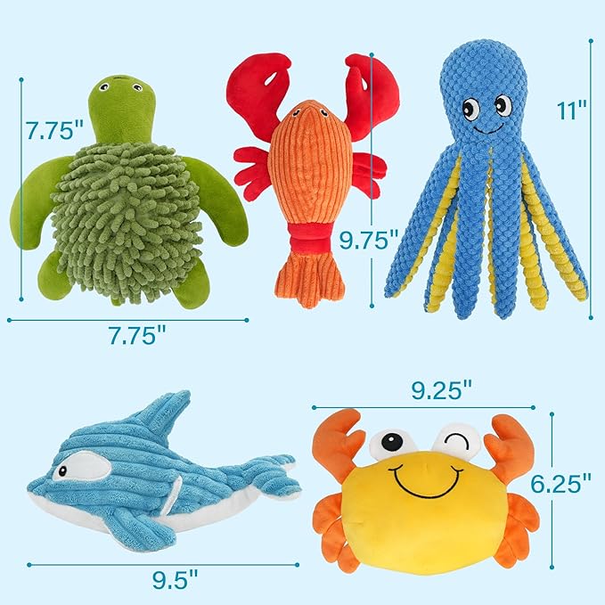 Prime Pets Dog Toys, 5 Pack, Plush Crinkle Squeaky Dog Toys, Durable Stuffed Pet Toy for Small Medium Large Breeds, Puppy Chew Toy, Dog Birthday Gifts