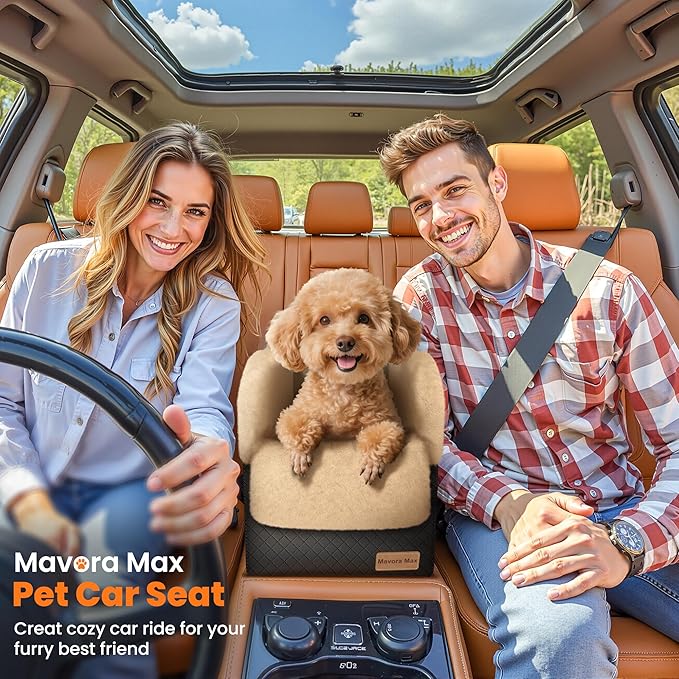 Mavora Max Portable Small Dog Seat for Car, Luxury Center Console Dog Car Seat Booster with Safety Tethers, Anti-Collapse Pet Travel Carseat for SUV, Truck (Black/Brown)