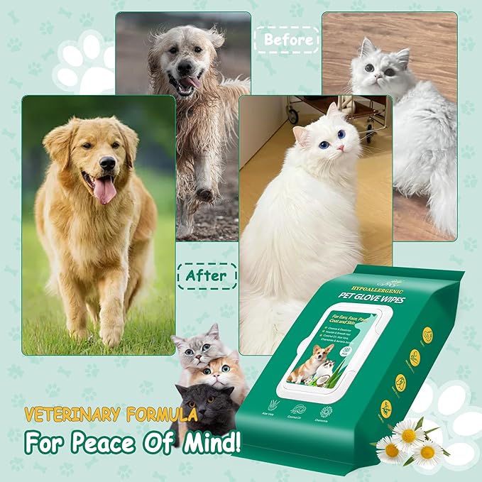 CHPPEY 20PCS Pet Cleaning and Deodorizing Grooming Glove Wipes for Dogs and Cats, Extra Thick Nourish Fur No-Rinse Grooming Wipes for Daily Care and Travel, Hypoallergenic