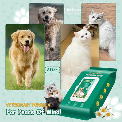 CHPPEY 40PCS Pet Cleaning and Deodorizing Grooming Glove Wipes for Dogs and Cats, Extra Thick Nourish Fur No-Rinse Grooming Wipes for Daily Care and Travel, Hypoallergenic