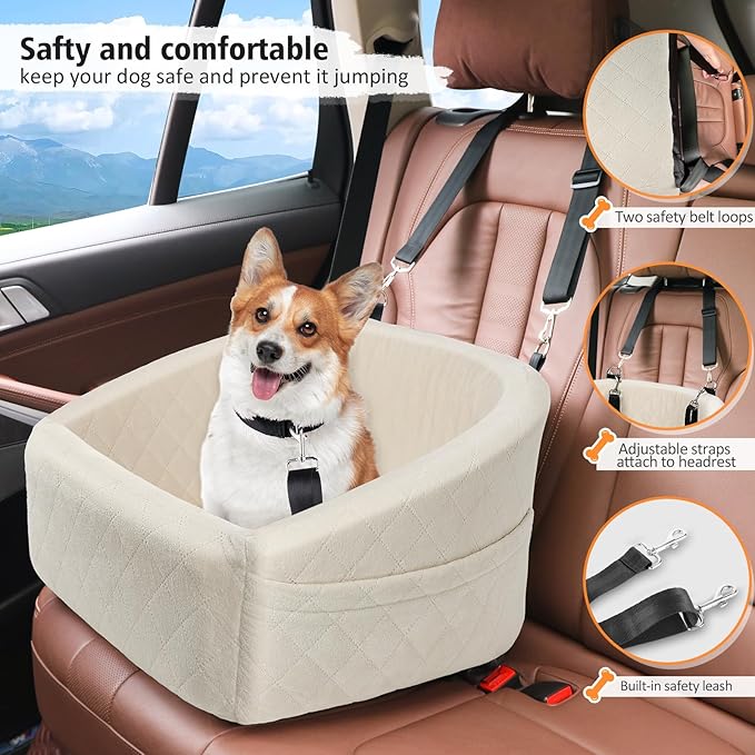 NEEZUKAR Dog Car Seat for Small Medium Dogs,Detachable Washable Dog Booster Seat Under 30lbs, Pet Car Seat Travel Bed with Storage Pockets and Dog Safety Belt (White)