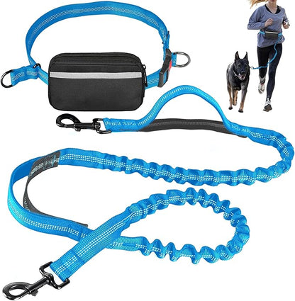 Hands Free Dog Leash with Waist Belt – No-Pull Bungee, Dual Padded Handles & Zipper Pouch for Running, Walking & Training – Adjustable Waist Leash for Large & Medium Dogs (Sky Blue)