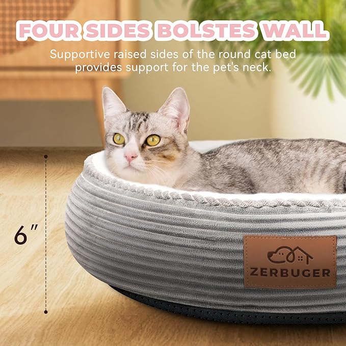 Zerbuger 20in Washable Cat Beds for Indoor Cats - Round Donut Pet Bed for Cats, Small Dogs, Puppy, Kitten - Anti-Slip Bottom, Calming Bed Gift - Ideal for Every Home Space - Light Grey