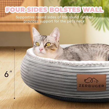 Zerbuger 20in Washable Cat Beds for Indoor Cats - Round Donut Pet Bed for Cats, Small Dogs, Puppy, Kitten - Anti-Slip Bottom, Calming Bed Gift - Ideal for Every Home Space - Light Grey