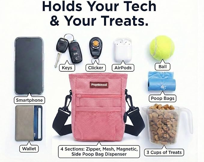 PupSensei Dog Treat Pouch for Training – Magnetic Dog Treat Bag with Belt Clip & Poop Bag Dispenser – Hands Free Carry Pouch with Auto-Close Access & Shoulder Strap – Durable Pet Gear –Light Pink