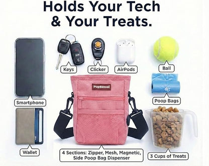 PupSensei Dog Treat Pouch for Training – Magnetic Dog Treat Bag with Belt Clip & Poop Bag Dispenser – Hands Free Carry Pouch with Auto-Close Access & Shoulder Strap – Durable Pet Gear –Light Pink