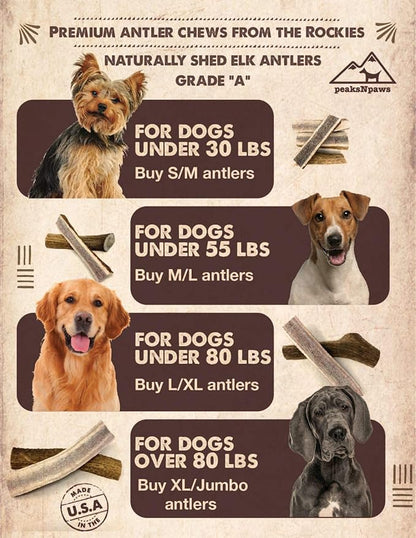 peaksNpaws Premium All-Natural Grade A Split Elk Antlers for Dogs – Naturally Shed in The Rocky Mountains – No Additives, No Preservatives - Healthy and Delicious Treat - Made in USA - M/L Split