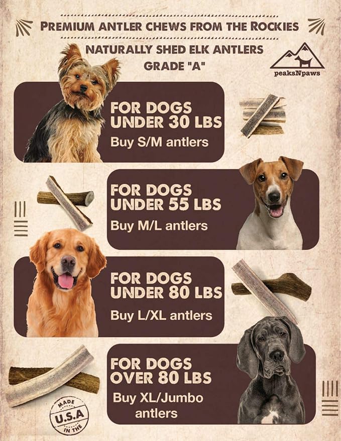 peaksNpaws Premium Split Elk Antlers for Dogs, Dog Treats Large Breed, Made in USA, Natural Chews for Aggressive Chewers, Long Lasting Pet Treat for Dogs Under 80 lbs, 2 Large/XL Antler Pack