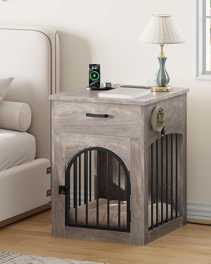 CHOEZON Dog Crate Furniture, Wooden Dog House with Charging Station and Storage Drawer, Indoor Pet Crate End Table for Small Breeds, for Living Room, Bedroom, Greige MGW01UFH