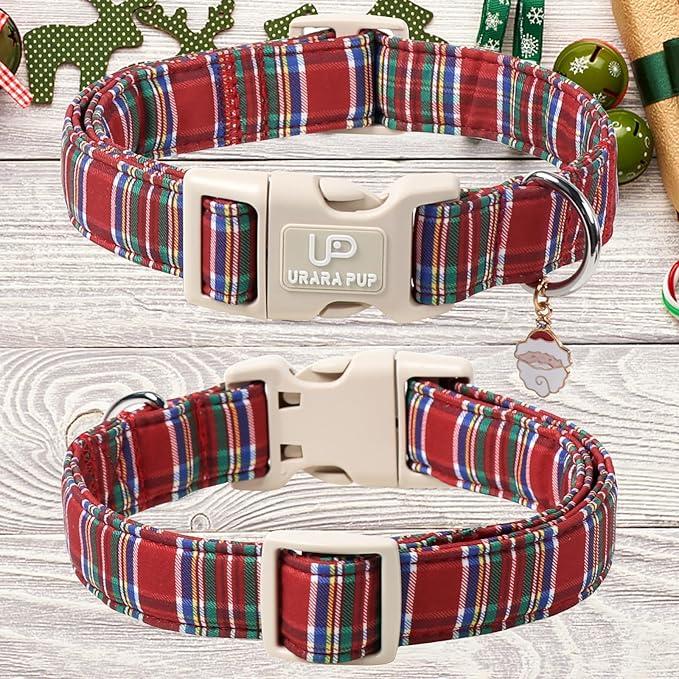 Christmas Plaid Dog Collar, Red and Blue Check Adjustable Pet Collar with Quick Release, Christmas Stripes Collar for Small Medium Large Dogs XL