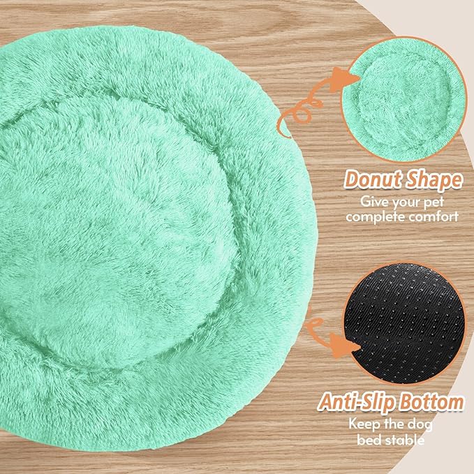 JOLLYVOGUE Calming Dog Bed Medium Size Dog, Anti-Anxiety Donut Medium Pet Bed, 31 inches Fluffy Faux Fur Round Cat Bed, Fits up to 45 lbs Pets (Mint Green)