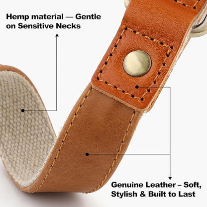 Plutus Pet Genuine Leather & Hemp Dog Collar – Adjustable Heavy Duty Pet Collar with Quick Release Metal Buckle, Soft & Stylish for Puppy and Small, Medium, Large Dogs (Light Brown, M)