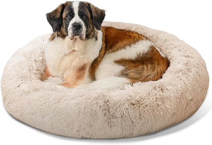 Best Friends by Sheri The Original Calming Donut Dog Bed – Washable Plush Pet Bed for XL Breeds up to 150 lbs, Shag Faux Fur, Taupe, XL (45" x 45")