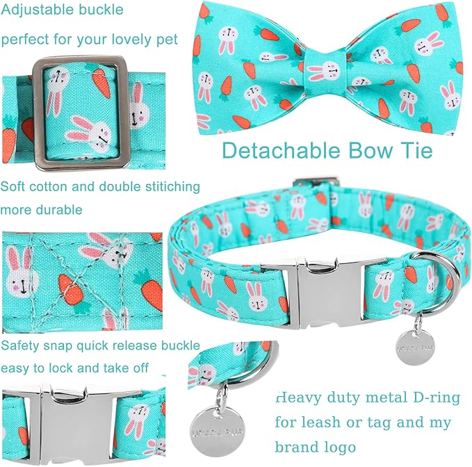 UP URARA PUP Easter Dog Collar with Bow Tie, Cotton Easter Bowtie Collar for Puppy Girl Boy Dog or Cat, Cute Carrot Pet Collar with Metal Buckle, Easter Gift Rabbit Dog Collar, XS