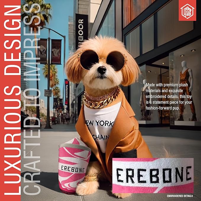 Chomp Haus Erebone – Luxurious Plush Dog Toy with Squeaker, Premium Fabric, Embroidered Details, Designer-Inspired Chew Toy, Fun Gift for Small to Medium Dogs & Dog Lovers