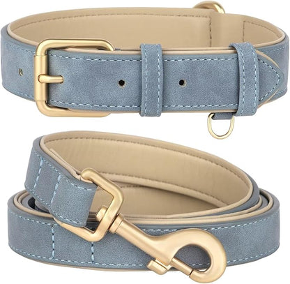 Beirui Soft Padded PU Leather Dog Collar and Leash Set, Durable Dog Leash and Collar Set with Metal Buckle, Breathable Pet Collars with 4FT Leash for Medium Dogs（Blue, Neck 13-17"