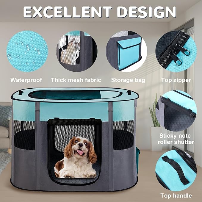 Large Dog Cat Playpen Crate with Waterproof Pad,Portable Collapsible Pet Dog Cat Kennel Cage Tent,Suitable for Indoor Outdoor Travel Camping,Water-Resistant Breathable Shade Cover (Green L)