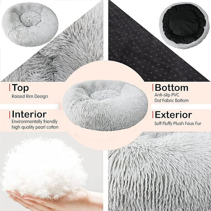 Calming Dog Bed for Medium Dogs Washable Donut 30 inches Anti-Slip Pet Bed,Round Fluffy Plush Faux Fur Cat Bed,Fits up to 45 lbs Pets,Frost Grey