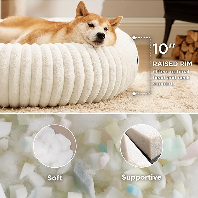 Bedsure ComfyFleece Donut Large Dog Bed - Washable Faux Fur with Corduroy Fleece & Anti Slip Bottom, Round Pet Bed with Removable Cover, Cream, 36x36x8 inches