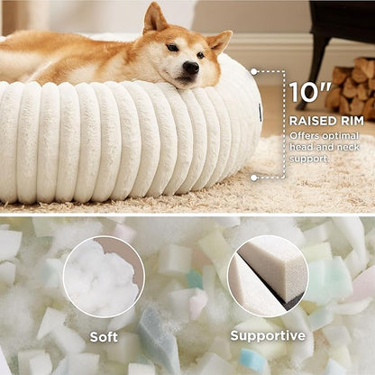 Bedsure ComfyFleece Donut Large Dog Bed - Washable Faux Fur with Corduroy Fleece & Anti Slip Bottom, Round Pet Bed with Removable Cover, Cream, 36x36x8 inches