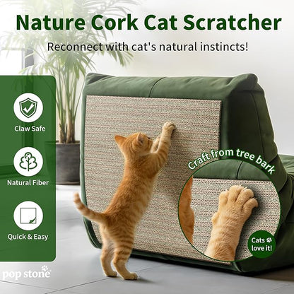 Natural Cork Cat Scratcher Mat, Hook-and-Loop Trimmable Furniture Protector for Couch, Door, Wall & Bed Corner, Claw-Friendly for Indoor Cats (Catnip Green, 39.4 x 11.8 Inch)