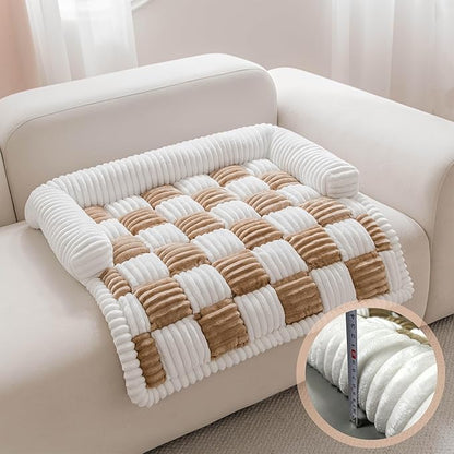Couch Covers for Dogs and Cats, Fuzzy Dog Sofa bed with Cream Square Plaid, Plush Pet Couch Cover Bed, Thickened Quilted Furniture Protector Mat for Large Medium Pets (Light Brown 27.56"*27.56")