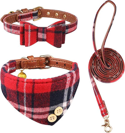3 PCS Puppy Collar and Leash Set Dog Collars for Small Dogs Dog Bow Tie with Bell Puppy Bandana Leather Dog Collar for Small Dogs Puppies and Cats(Red)