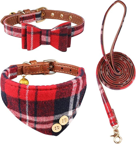 3 PCS Puppy Collar and Leash Set Dog Collars for Small Dogs Dog Bow Tie with Bell Puppy Bandana Leather Dog Collar for Small Dogs Puppies and Cats(Red)