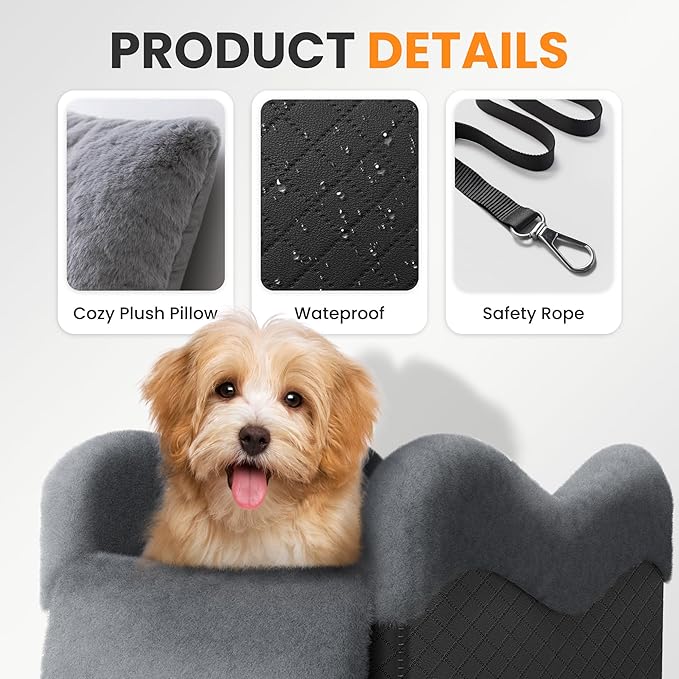 Mavora Max Portable Small Dog Seat for Car, Luxury Center Console Dog Car Seat Booster with Safety Tethers, Anti-Collapse Pet Travel Carseat for SUV, Truck (Black/Grey)
