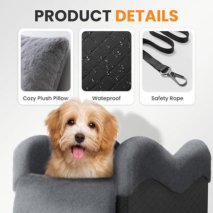 Mavora Max Portable Small Dog Seat for Car, Luxury Center Console Dog Car Seat Booster with Safety Tethers, Anti-Collapse Pet Travel Carseat for SUV, Truck (Black/Grey)