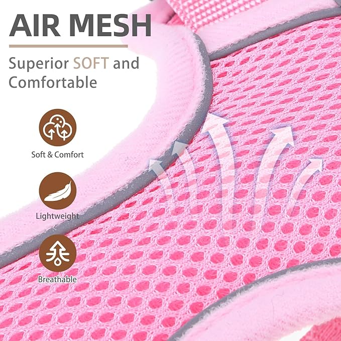 PUPTECK Small Dog Harness and Leash Set, No Pull Adjustable Puppy Cat Harness, Reflective Soft Mesh Pet Vest Small Sized, Pink, M