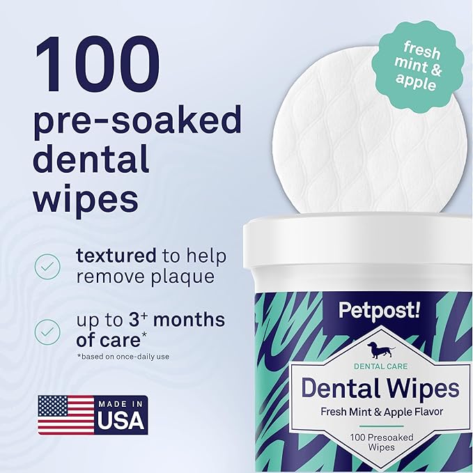 Petpost Dental Wipes for Dogs | 100 Count Presoaked Pads in Natural Tooth Cleaning Solution | Bad Breath and Tooth Buildup Remover
