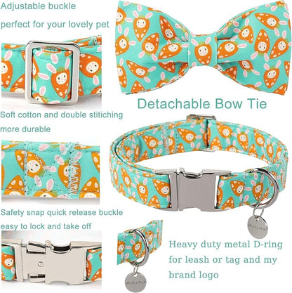 Easter Dog Collar with Bow Tie, Lovely Cotton Easter Carrot Adjustable Bowtie Collar for Girl Boy Dog, Adorable Carrots Puppy Collars with Metal Buckle,L, Neck 16-24in