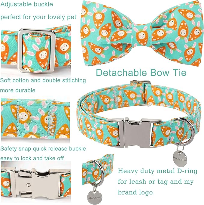 Easter Dog Collar with Bow Tie, Lovely Cotton Easter Carrot Adjustable Bowtie Collar for Girl Boy Dog, Adorable Carrots Puppy Collars with Metal Buckle,XL, Neck 16-26in