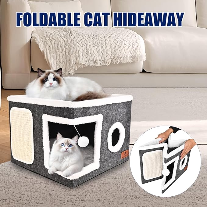 Felt Cat Cave Beds for Indoor Cats, Foldable Cat Hideaway with Scratch Pad and Fluffy Ball, Large Covered Cat House with Reversible Cushion for Multi Small Pet