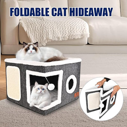 Felt Cat Cave Beds for Indoor Cats, Foldable Cat Hideaway with Scratch Pad and Fluffy Ball, Large Covered Cat House with Reversible Cushion for Multi Small Pet