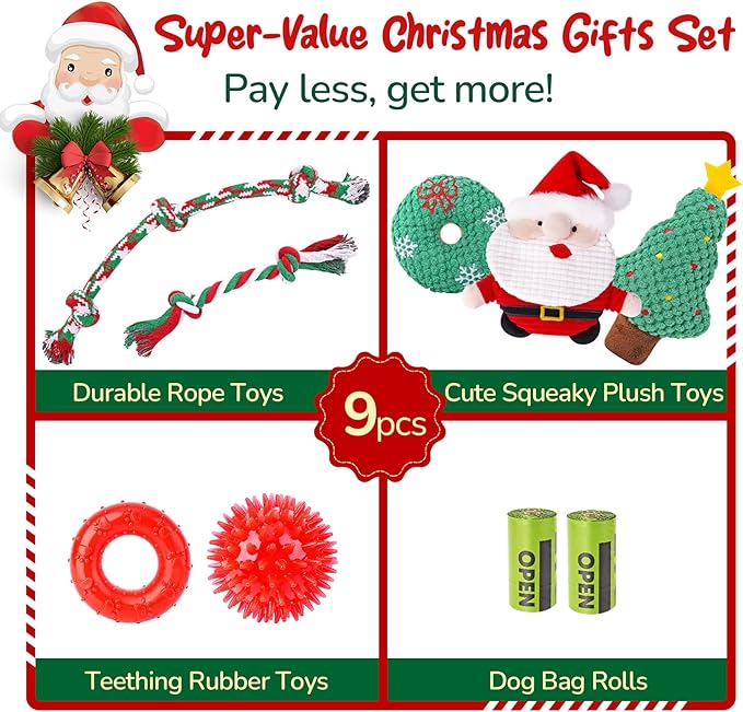 KIPRITII Puppy Toys for Xmas, 9 Pack Santa Dog Toy Set with Chew Toys, Squeaky Toys, Rope Toys & Rubber Teething Toy for Small Dogs and Puppies
