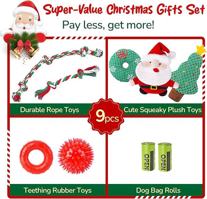 KIPRITII Puppy Toys for Xmas, 9 Pack Santa Dog Toy Set with Chew Toys, Squeaky Toys, Rope Toys & Rubber Teething Toy for Small Dogs and Puppies