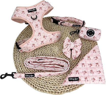 Medium Dog Collar and Harness Set – No Pull, All-Weather, Breathable Harness & Leash Set with Collar, Bandana, Sailor Bow & Poop Bag Holder – Adjustable & Soft - Teddy Coquette on Jacquard Fabric