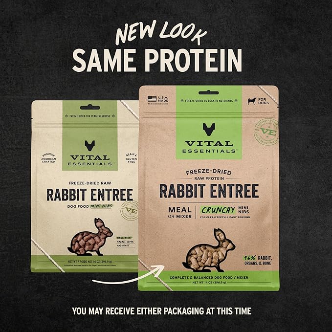 Vital Essentials Freeze-Dried Raw Dog Food, Rabbit Crunchy Mini Nibs | Complete Meal or Mixer | High Protein Dog Food | 14 oz