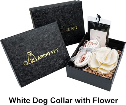 ARING PET Velvet Dog Collars, White Soft Pet Collar with Detachable Felt Flower Metal Buckle for Puppy Small Medium Large Boy Girl Dogs-M