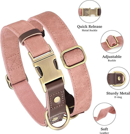 Didog Soft PU Leather Dog Collars for Medium Dogs,Classic Adjustable Dog Collars with Quick Release Metal Buckle,Easy Clean and Comfortable with Nylon Lining,Pink,M Neck 14-19"