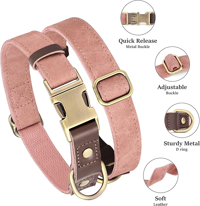 Didog Soft PU Leather Dog Collars for Small Dogs,Classic Adjustable Dog Collars with Quick Release Metal Buckle,Easy Clean and Comfortable with Nylon Lining,Pink,S Neck 11-15"