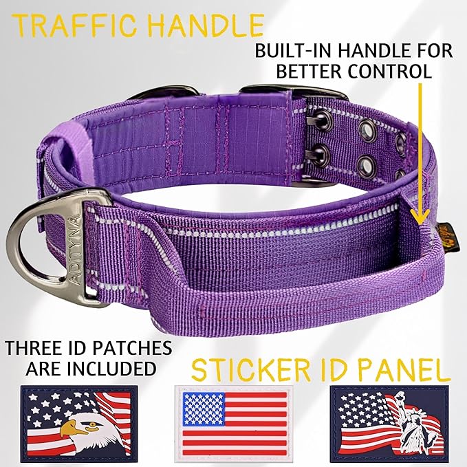ADITYNA Heavy Duty Dog Collar – Reflective Purple Tactical Collar with Handle – Fits Extra-Large Dogs (24–30" Neck) – Wide, Thick, Soft Neoprene Padded
