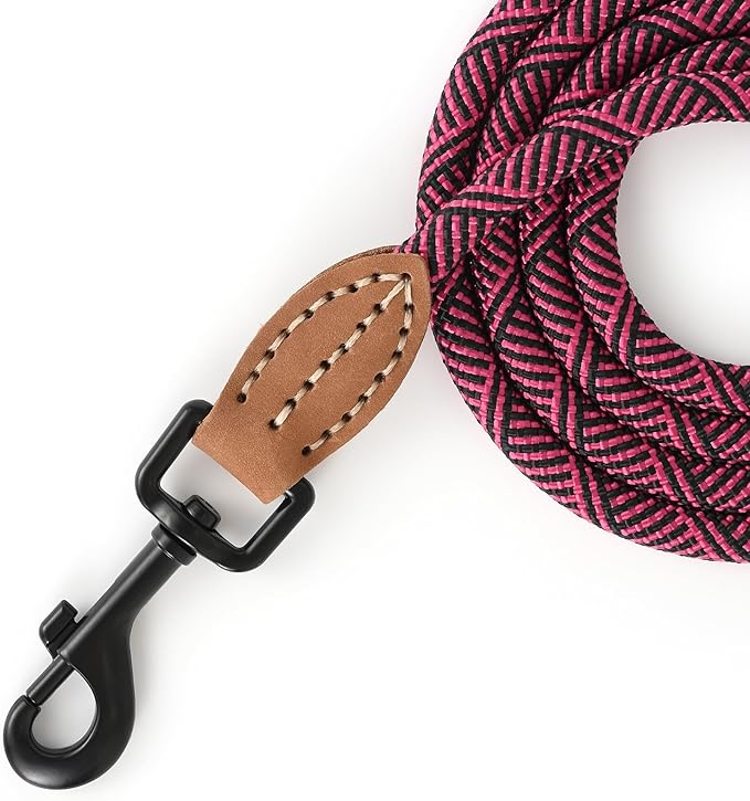 Mile High Life Small Dog Leash, Thin Rope Leash with Genuine Leather Connection and Heavy Duty Metal Clasp, Great for Small Medium Dogs(Pink,48 Inch-1/3)