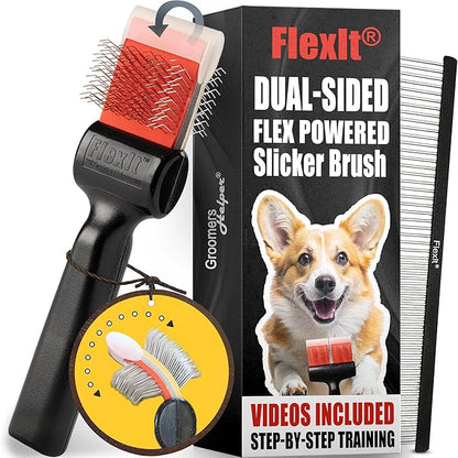 FlexIt Flexible Slicker Brush for Dogs - Professional 3-in-1 System & Video Trainings - Dual-Sided Dematting, Undercoating & Finishing Dog Grooming Brush by Groomers Helper (Single, Soft Flex)