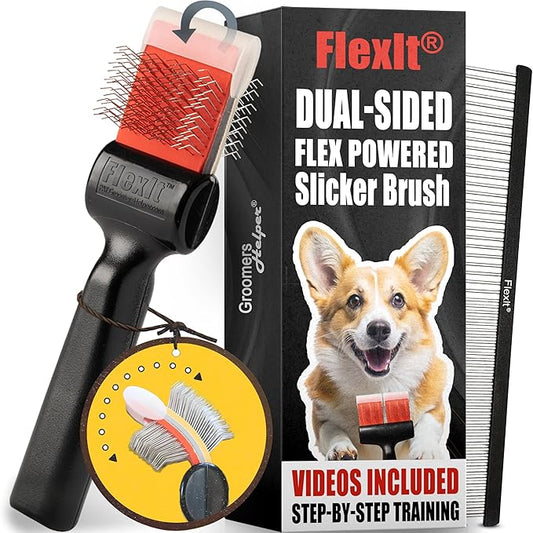 FlexIt Flexible Slicker Brush for Dogs - Professional 3-in-1 System & Video Trainings - Dual-Sided Dematting, Undercoating & Finishing Dog Grooming Brush by Groomers Helper (Single, Firm Flex)