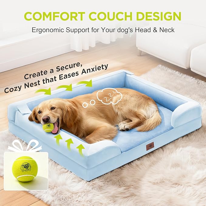 Orthopedic Dog Beds for Large Medium Dogs, Big Waterproof Memory Foam Pet Couch Bed with Removable Washable Cover, Tennis Ball Toy, 36x27