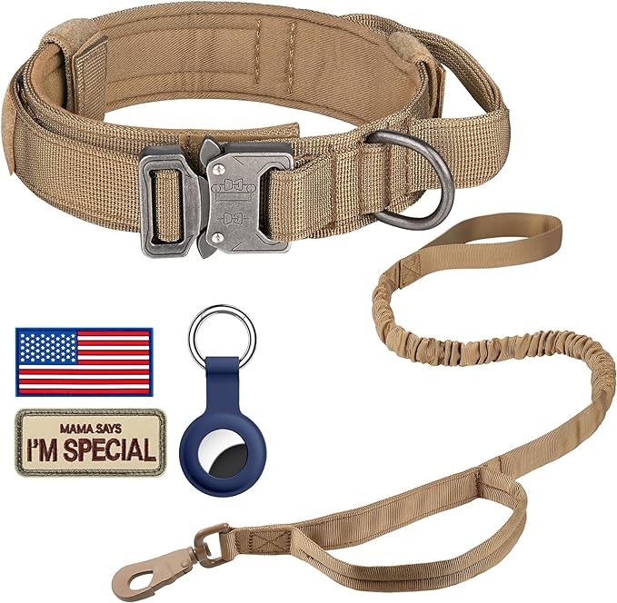 DAGANXI Tactical Dog Collar, Adjustable Military Training Nylon Dog Collar with Control Handle and Heavy Metal Buckle for Medium and Large Dogs, with Patches and Airtags Case (XXL, Brown-Set)