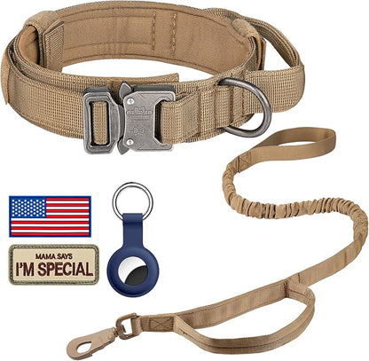 DAGANXI Tactical Dog Collar Leash Set, Adjustable Military Training Nylon Dog Collar with Controll Handle and Heavy Metal Buckle for Medium and Large Dogs，with Patches and Airtags Case (L, Brown-Set)